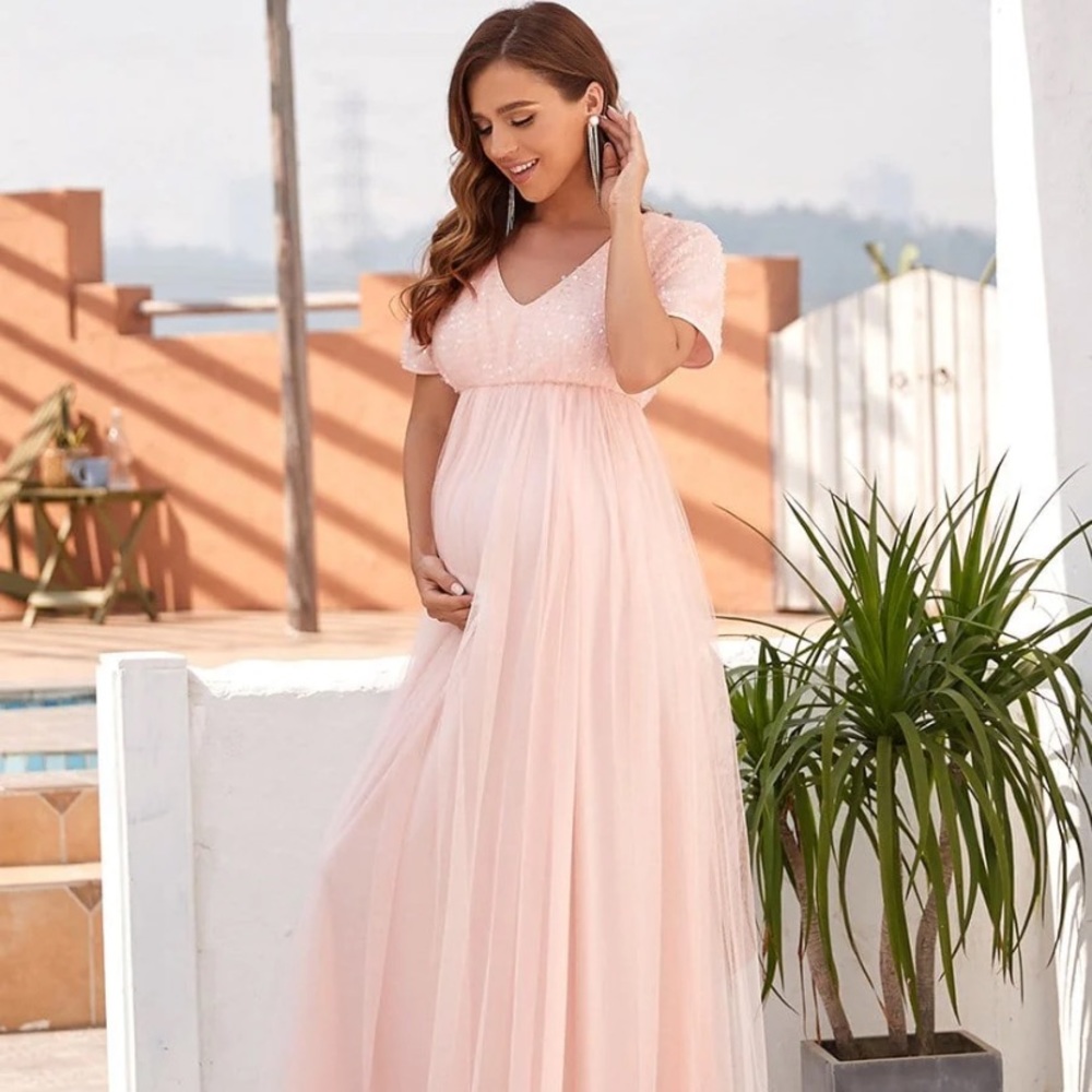 Ever Pretty Maternity Size 12 (2XL) Pink Tulle Sequined Maxi Baby Shower Dress